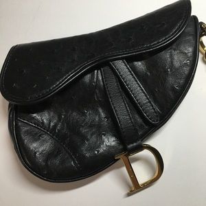 Dior black ostrich saddle wristlet